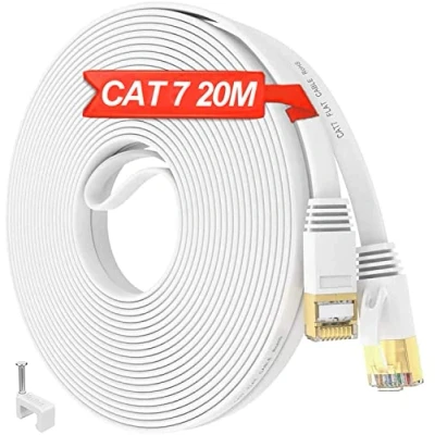 Immagine di Cavo Ethernet 20 metri, Cat 7 di Rete Bianco Schermato, Internet Alta Velocità 10Gbps 600Mhz Piatto RJ45 Esterno Impermeabile S/FTP, Gigabit LAN Patch per Router Switch (20 Clips)