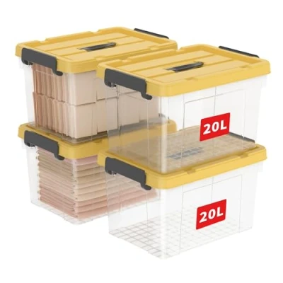 Immagine di Cetomo Scatola portaoggetti in plastica da 20 l x 4, contenitore trasparente organizzativo con coperchio giallo durevole e fibbie di chiusura sicure, impilabile annidabile, confezione 4