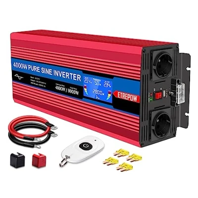Immagine di ETREPOW Inverter 4000w 24v 220v Onda Sinusoidale Pura Trasformatore con 2 Prese EU e una USB, Telecomando Senza Fili Display LCD Picco 8000w