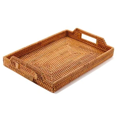Immagine di Vassoio in Rattan con Manici, da Portata Rettangolare Vimini per Colazione, Bevande, Snack Tavolo Pranzo/Caffè (37 cm)