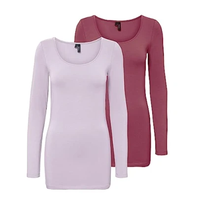 Immagine di VERO MODA Camicetta a Maniche Lunghe da Donna, Confezione, Rosa/Viola (1 Rosa biancospino/1 x Lavanda Fog), XL