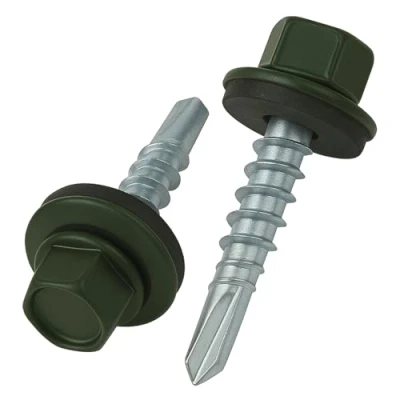 Immagine di 4.8 mm x 25 viti per tetti, testa esagonale autoperforanti colorate (RAL 6020 Verde cromo) tetti con rondella di tenuta in EPDM, temprate zincate antiruggine (50 pezzi)