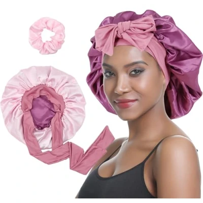 Immagine di SENGTERM Cuffia per capelli da donna in raso, double face, seta, con fascia elastica ricci (rosa)