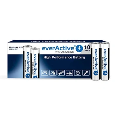 Immagine di everActive Confezione da 10 batterie AAA alcaline, Micro LR03 R03 1,5 V, massima potenza, durata anni, pezzi, nero/bianco