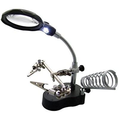 Immagine di JZK Stazione di ingrandimento per mani d&#039;aiuto saldatura, doppia lente d&#039;ingrandimento (3,5x, 12x) con lampada luce a LED e supporto saldatura saldatore