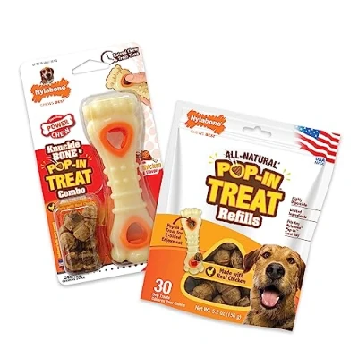 Immagine di Nylabone Power Chew Souper Bone Pop in Treat Toy con ricariche di dolcetti, giocattoli erogatori per cani, sacchetto resistente, sapore pollo, medio/lupo, fino a 15,9 kg (2 pezzi)