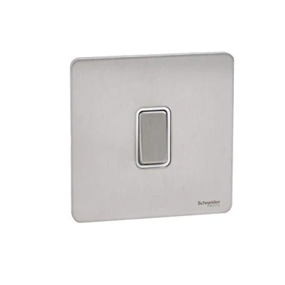 Immagine di Schneider Electric Mascherina piatta con interruttore singolo a 2 vie in acciaio INOX, senza viti, rating 16AX, inserto di colore bianco