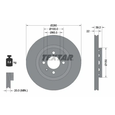 Immagine di TEXTAR 92043500 Disco freno 280 21,9 04/05 100 con ventilazione esterna senza bullone fissaggio ruota, mozzo portaruota VOLKSWAGEN: GOLF 2