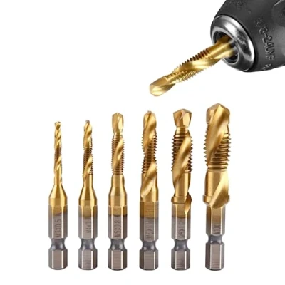 Immagine di Jadeshay Punte Trapano,6 pezzi Set di Trapano Maschi Countersink Tap HSS maschio per Filettare con Attacco Esagonale, M3, M4, M5, M6, M8, M10 Titanio