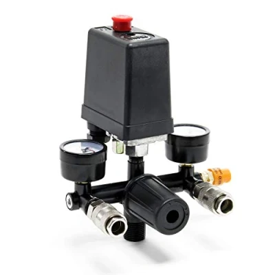 Immagine di Regolatore di pressione con pressostato per compressore e 2 display Manometri Nero