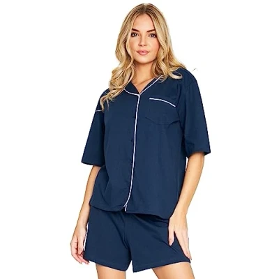 Immagine di Pigiama Donna Due Pezzi Estivo in Cotone 100% Aperto Davanti a Maniche Corte con Bottoni e Pantaloncini Corto Ragazza S XL (Navy/Bianco, S)