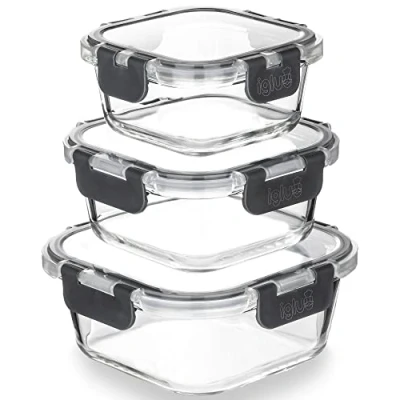 Immagine di Igluu Meal Prep contenitori quadrati impilabili in vetro (confezione da 3) senza BPA Set di ermetici a prova perdite, adatti microonde, (800 ml, 520 320 ml)