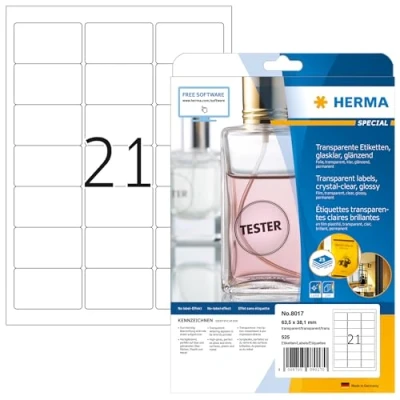 Immagine di HERMA Etichette per Marcatura, 63,5 x 38,1 mm, Adesive A4 Stampante, 21 Foglio, Trasparente