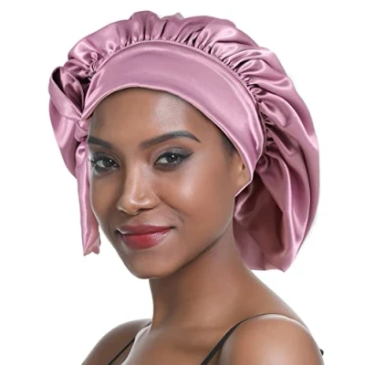 Immagine di SENGTERM Cappello da Notte Raso,Berretto Seta Doppio,Strato Cuffia Capelli Fascia Elastica Ricci per Dormire Lunghi Donna Nera