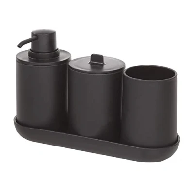 Immagine di iDesign Set accessori bagno, da 4 in plastica composto dispenser sapone, portaspazzolini, contenitore cotone e vassoio, nero