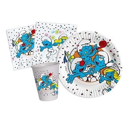 Immagine di Kit Party Tavola Puffi per 24 persone (88 pezzi: piatti Ø18cm, bicchieri 200ml, 40 tovaglioli 33x33cm) in carta compostabile eco friendly