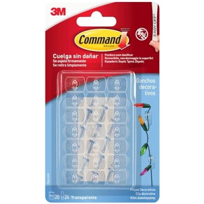 Immagine di Command clip decorative, confezione da 20 mini ganci e 24 piccole strisce adesive, trasparenti appendere per decorazioni lucine, adesivo parete senza danni,