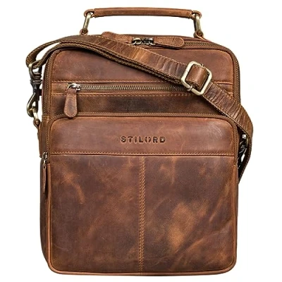 Immagine di STILORD &#039;Joe&#039; Borsa a tracolla da uomo alla moda in vera pelle per studenti, Colore:marrone medio