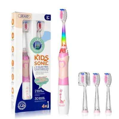 Immagine di Seago Spazzolino Elettrico Bambini, Luci a LED Colori e 4 Testine, Timer Intelligente,Impermeabile, da Viaggio Batteria,SG977, Rosa