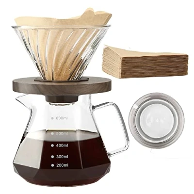 Immagine di Lalord Caffettiera Pour Over, Caraffa in Vetro Borosilicato da 600 ml con 02 Carta Filtro, 100 pcs, Manico Noce e Coperchio per