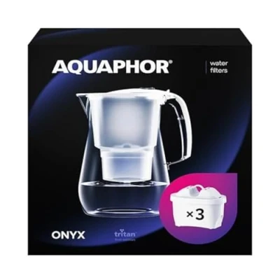 Immagine di AQUAPHOR Filtro dell&#039;acqua Onyx Blanc incl 3 MAXFOR+ I dall&#039;aspetto in vetro 4,2l Riduce il calcare e cloro Perfetto per la famiglia Qualità premium Caraffa