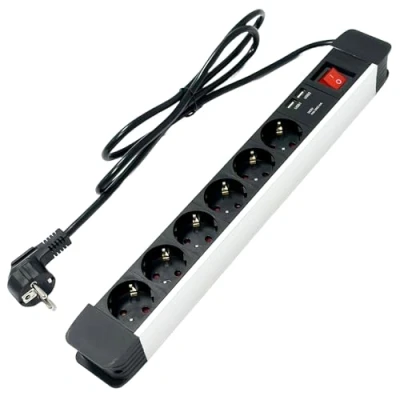 Immagine di multipresa hb digital in alluminio a 6 vie con funzione di ricarica USB 2X 1000mA distribuzione dell&#039;alimentazione compatta e protezione da sovraccarico