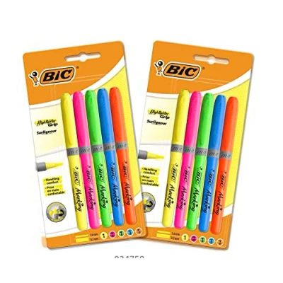 Immagine di BIC Highlighter Grip, Evidenziatori Colorati, Tecnologia Anti Essiccazione e Punta a Scalpello per Tratti Spessi Sottili, 10 Unità, Cancelleria Studenti