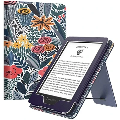 Immagine di MoKo Custodia Compatibile con 6&quot; Kindle 11th 2022/10th Gen 2019/8th 2016, Schermo da,Magnete Riattivazione e Standby, Supporto Verticale Cinturino per Presa a Mano, Fiorellino foglia blu