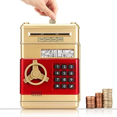 Immagine di Auped Salvadanaio elettronico con password, Mini Bancomat Salvadanaio, Banca di Soldi Password per in Contanti, Monete, Meglio i bambini (Oro)
