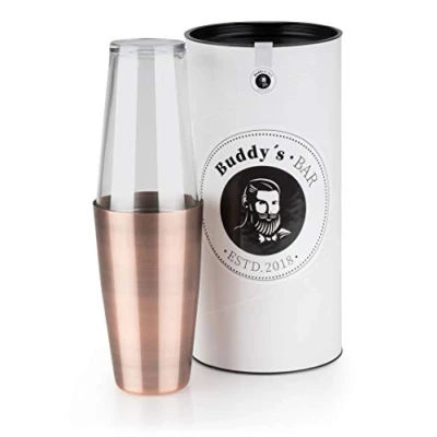 Immagine di Buddy&#039;s Bar Boston Shaker, Bicchiere in Acciaio Inossidabile Rivestito esternamente Rame Effetto Vintage da 700ml + Vetro 400ml, Shaker per Cocktail con Confezione Regalo Inclusa