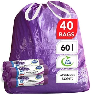 Immagine di Stella Sacchetti immondizia Ecologici e riciclabili in plastica di scarto Ultra Resistenti Flessibili Colore Viola Profumo Lavanda 60 L Cordoncino