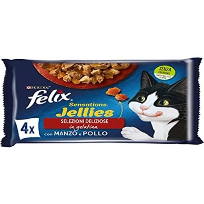 Immagine di Purina Felix Sensations Jellies Cibo Umido per Gatti con Manzo e Pollo, 48 buste da 85g ciascuna