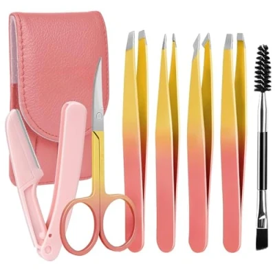 Immagine di Pinzetta per Sopracciglia Professionale (7 Pezzi), Set di pinzette precisione, con Forbici, Rasoio, custodia in pelle, donna e uomo viso, sopracciglia, Rosa