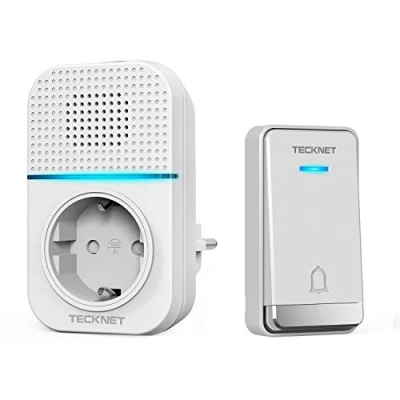 Immagine di TECKNET Campanello Senza Fili, Wireless Impermeabile con Batteria, Utilizzare Nella Presa EU, Display a LED, 5 Livelli di Volume, 60 Suonerie, 400 m