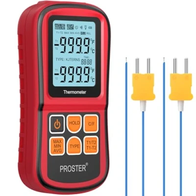 Immagine di Proster 200 1372˚C Termometro Digitale a Doppio Canale con Due Termocoppie di Tipo K LCD Retroilluminato Rilevamento Differenza Temperatura Batterie Incluse per Termocoppia K/J/T/E/R/S/N