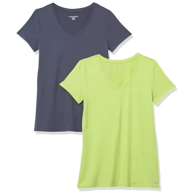 Immagine di Amazon Essentials T Shirt Tech Stretch a Maniche Corte con Scollo V (Disponibile in Taglia Forte) Donna, Pacco da 2, Grigio Ardesia/Verde Lime, XS