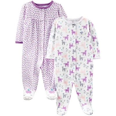 Immagine di Simple Joys by Carter&#039;s 2 Pack Cotton Snap Footed Sleep And Play Dormienti per Neonati e Bambini, Bianco Unicorni/Porpora Pois, 0 3 Mesi (Pacco da 2) Bimba