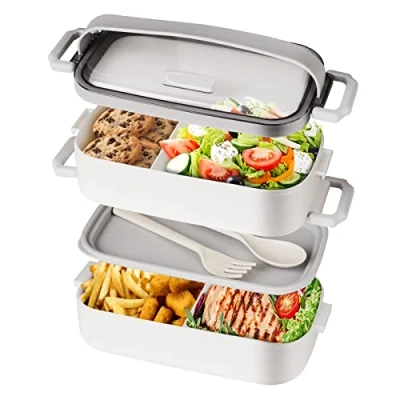 Immagine di Beeptrum Bento Box Pranzo per Adulti, Impilabile con 2 Scomparti, Include Set di Utensili, Contenitore a prova perdite, Sicuro Microonde e Lavastoviglie, BPA Free 1600ML Bianco
