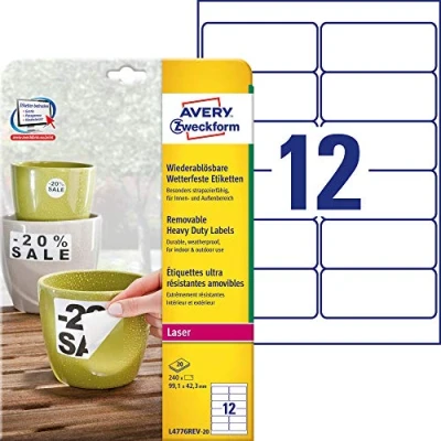 Immagine di Avery Zweckform L4776REV 20 Etichetta a Pellicola 99.1 x 42.3 mm in poliestere Bianco 240 pz. Staccabile Stampante laser colori, laser,