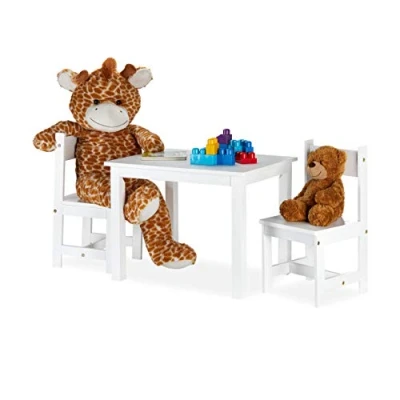 Immagine di Relaxdays Set Tavolino e Sedie, Tavolo con 2 Sedioline per Bambini, Moderno, Cameretta, Interno, in Legno MDF, Bianco, Fibra