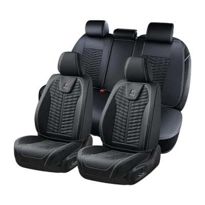 Immagine di FLORICH Coprisedili per Auto, Tessuto Traspirante e Pelle Nappa Anteriori Posteriori 5 PZ, Set Completo Universale Adatto La Maggior Parte delle Berline, SUV Camion, Nero