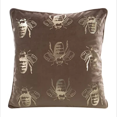 Immagine di Eurofirany Elegante federa per cuscino in velluto, con stampa, 45 x cm, rivestimento morbido divano, motivo api, colore: beige scuro