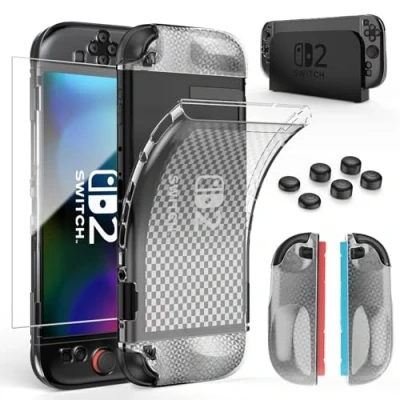 Immagine di HEYSTOP Custodia per Nintendo Switch 2 Dockable Clear Soft TPU Cover Protettiva Grip con Una Protezione Lo Schermo in Vetro Temperato e 6 Cappucci Levette