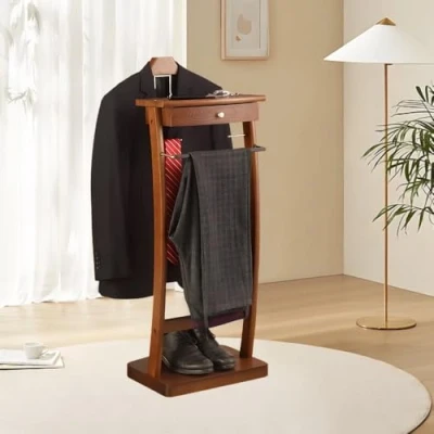 Immagine di Qcesorib Appendiabiti Servomuto da Pavimento in Legno, Servo Muto con Portapantaloni, Indossatore Cassetto, per Camera Letto Soggiorno Dell&#039;ufficio