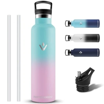 Immagine di Borraccia Termica, 1 litro, Senza BPA, Acciaio Inox, Con filtro e Cannuccia, Metallo, Mantiene Caldo per 12 Ore/Freddo 24 Ore, Borracce Trekking, Campeggio, Palestra