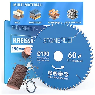 Immagine di STONE REEF Lama per sega circolare 190 x 30 cm [con adattatore su foro 20 &amp; 16 mm], compatibile con smerigliatrice angolare Bosch, Makita ecc. legno, metallo e