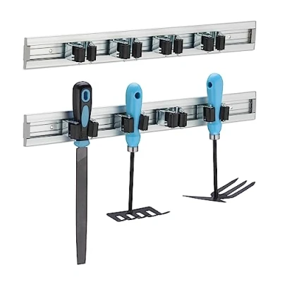 Immagine di Relaxdays Porta Utensili da Parete, Set 2 Portattrezzi con 4 Ganci, Giardino e Garage, Barra in Alluminio, Argentato, 5,5 x 48,5 4,5 cm