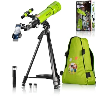Immagine di Bresser telescopio per bambini Junior 70/400 dai 8 anni in su, astronomia principianti, con zaino, accessori e supporto smartphone, cielo notturno, verde
