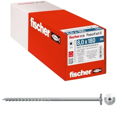 Immagine di Fischer PowerFast II 566337 Vite da legno 8 mm 180 Interno Esagonale rotondo, multidentato, TX, Torx, Impronta T Acciaio galvanizzato zinco 50 pz.