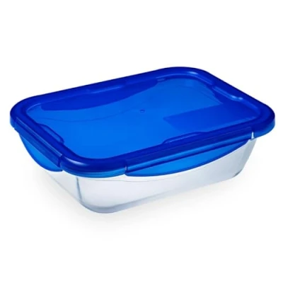 Immagine di Pyrex 282PG00 Teglia Multiuso Rettangolare con Coperchio Ermetico , Trasparente e Blu, 25X19X6 cm, 1.7 L